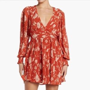 Rust Orange Floral Print Long Sleeve Mini Dress-